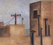 Frida Kahlo After Fride left the Red Cross Hospital,she painted a cityscape of a small,stark rooftop view.On one of the buildings she painted a red cross oil painting on canvas